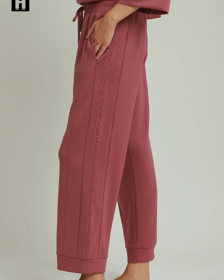 Loose-fitting marsala Butterfly Lace Straight Leg Pants with decorative side stripe; available in sizes XS–XL.