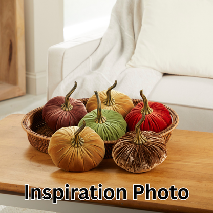 Six Fern-colored large velvet pumpkins in a wicker tray; available in various sizes. The words “Inspiration Photo” appear at the bottom.
