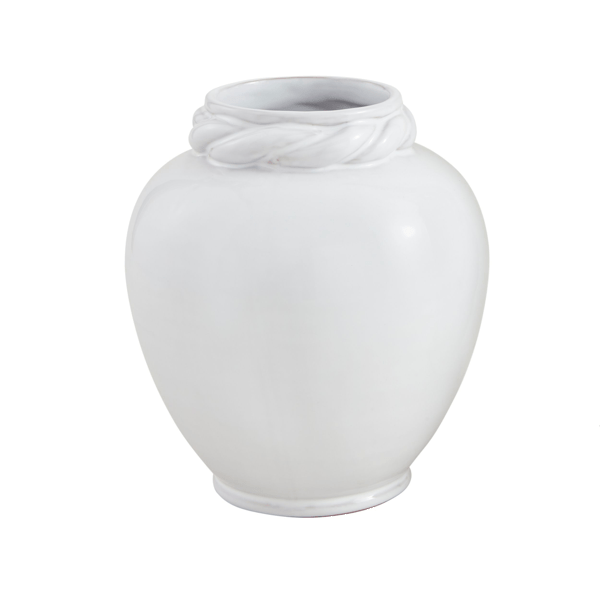 Glossy white ceramic vase with rounded body and twisted rope-like neck. Available in small size.