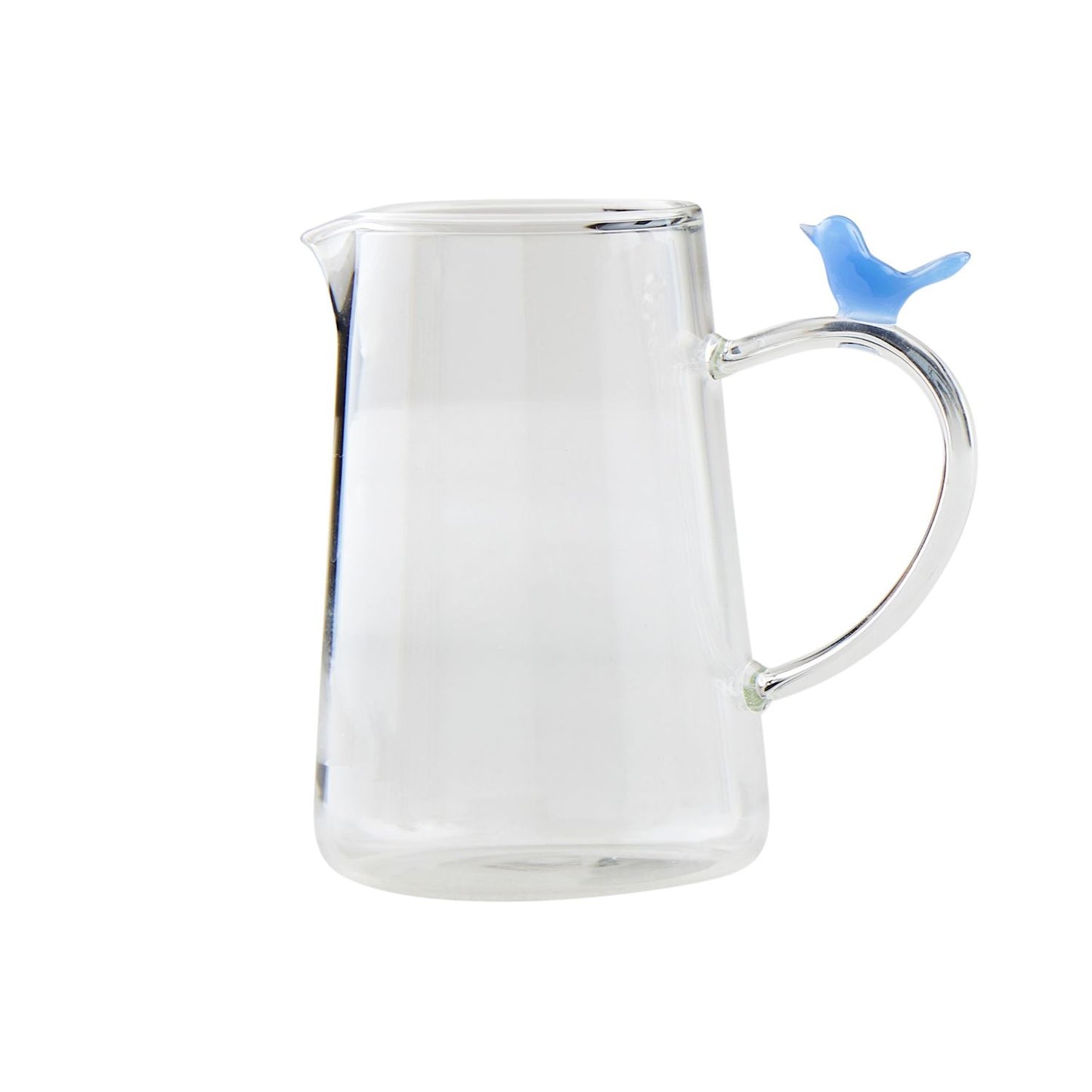 Clear pitcher-style bud vase with handle, topped by a small blue bird glass figurine. Available in small and large sizes.