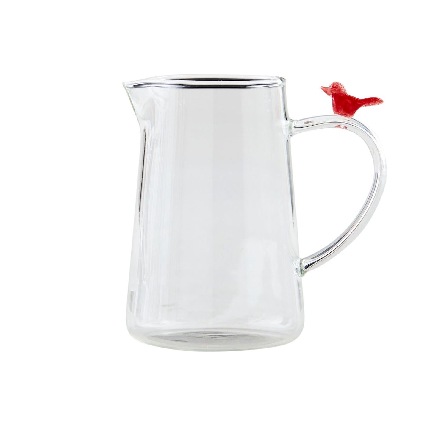 Clear glass pitcher-style bud vase with curved handle and red glass bird on top; available in small, medium, and large.
