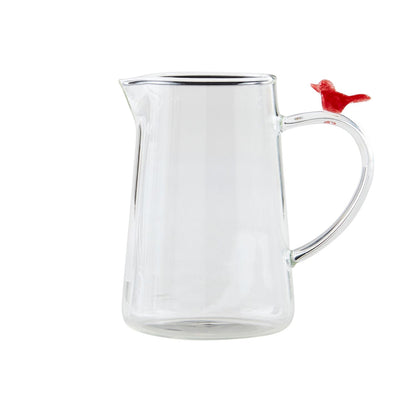 Clear glass pitcher-style bud vase with curved handle and red glass bird on top; available in small, medium, and large.