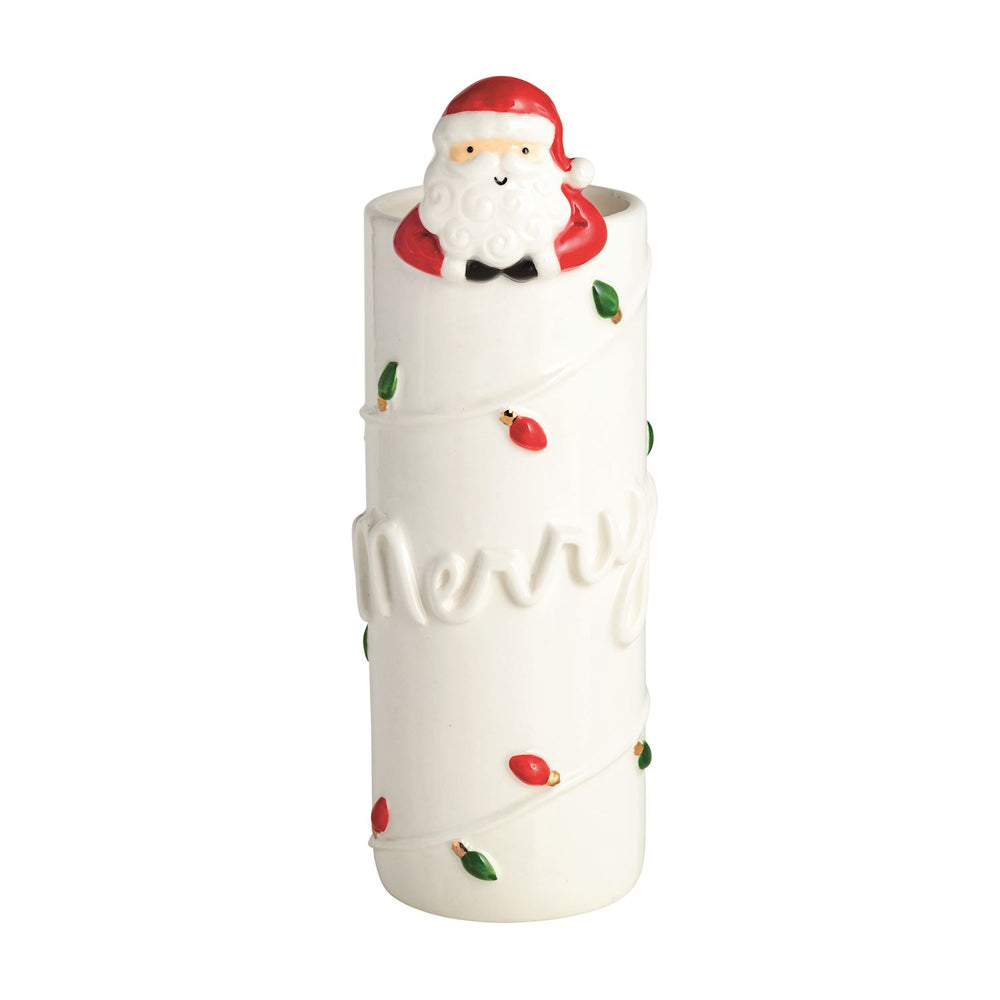 White cylindrical hanging Santa and reindeer vases with rim figurine, “Merry” embossing, and painted Christmas lights. Available in multiple sizes.