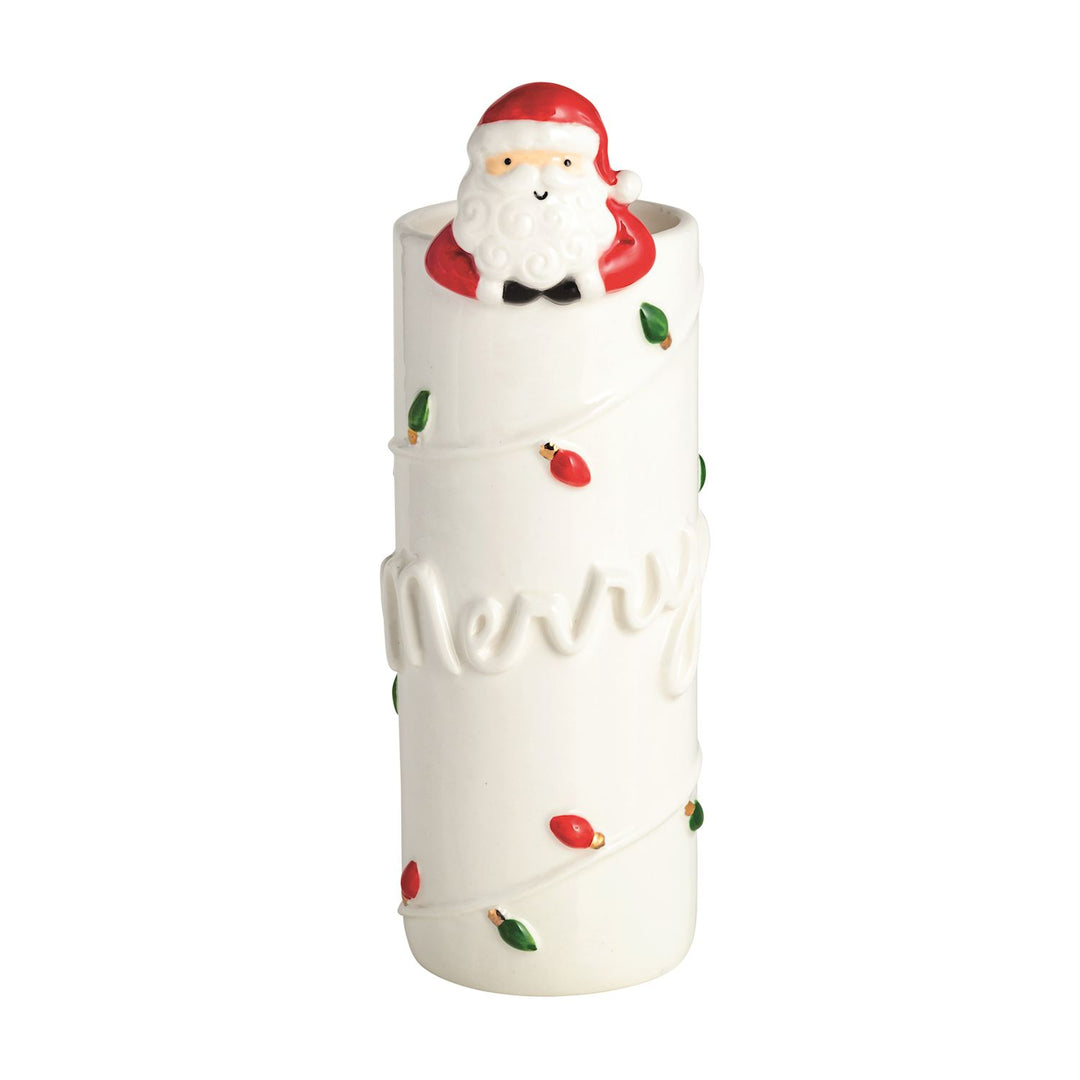 White cylindrical hanging Santa and reindeer vases with rim figurine, “Merry” embossing, and painted Christmas lights. Available in multiple sizes.