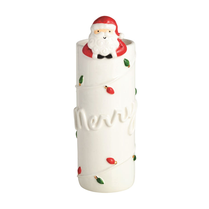 White cylindrical hanging Santa and reindeer vases with rim figurine, “Merry” embossing, and painted Christmas lights. Available in multiple sizes.