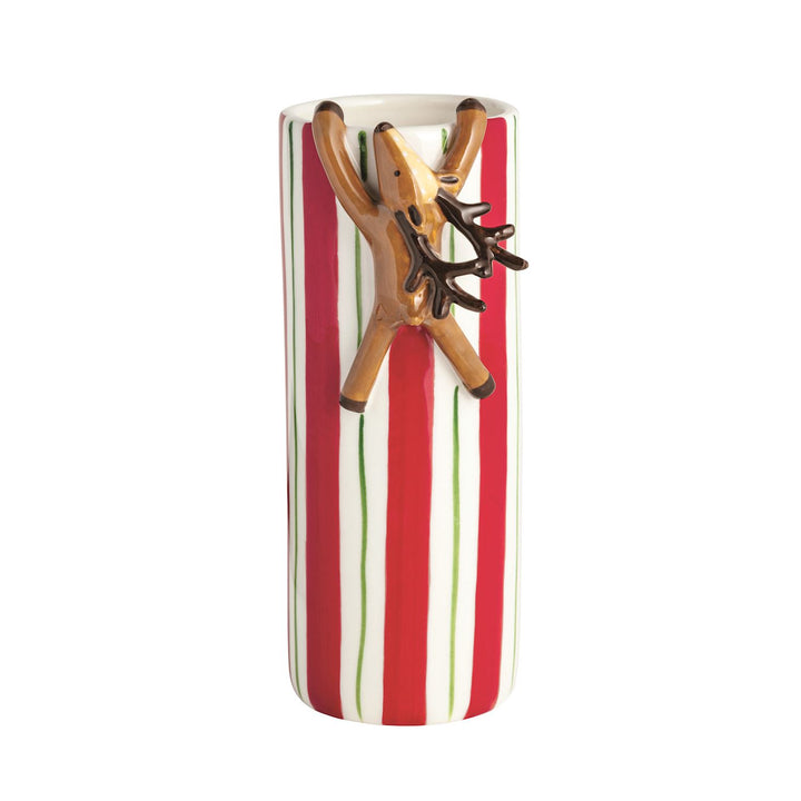 Hanging Santa &amp; Reindeer Vases: cylindrical ceramic reindeer vase with red and green vertical stripes and a 3D figure clinging to the rim.