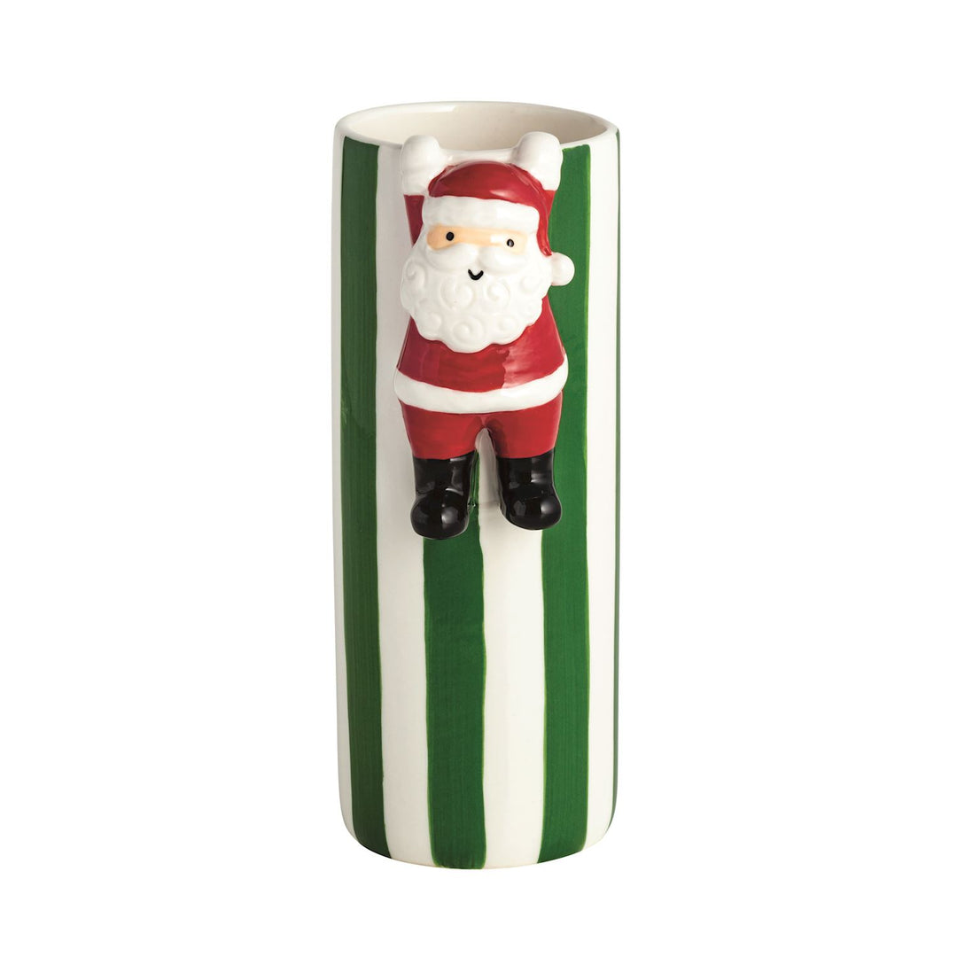 Hanging Santa &amp; Reindeer Vases, cylindrical with vertical green and white stripes and a 3D Santa figure.