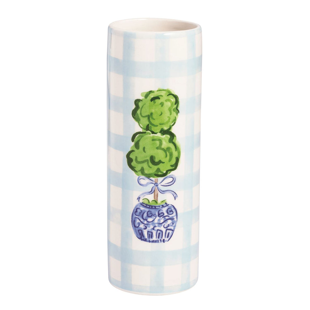 Tall glazed ceramic vases with blue and white checks, topiary illustration; available in multiple sizes.