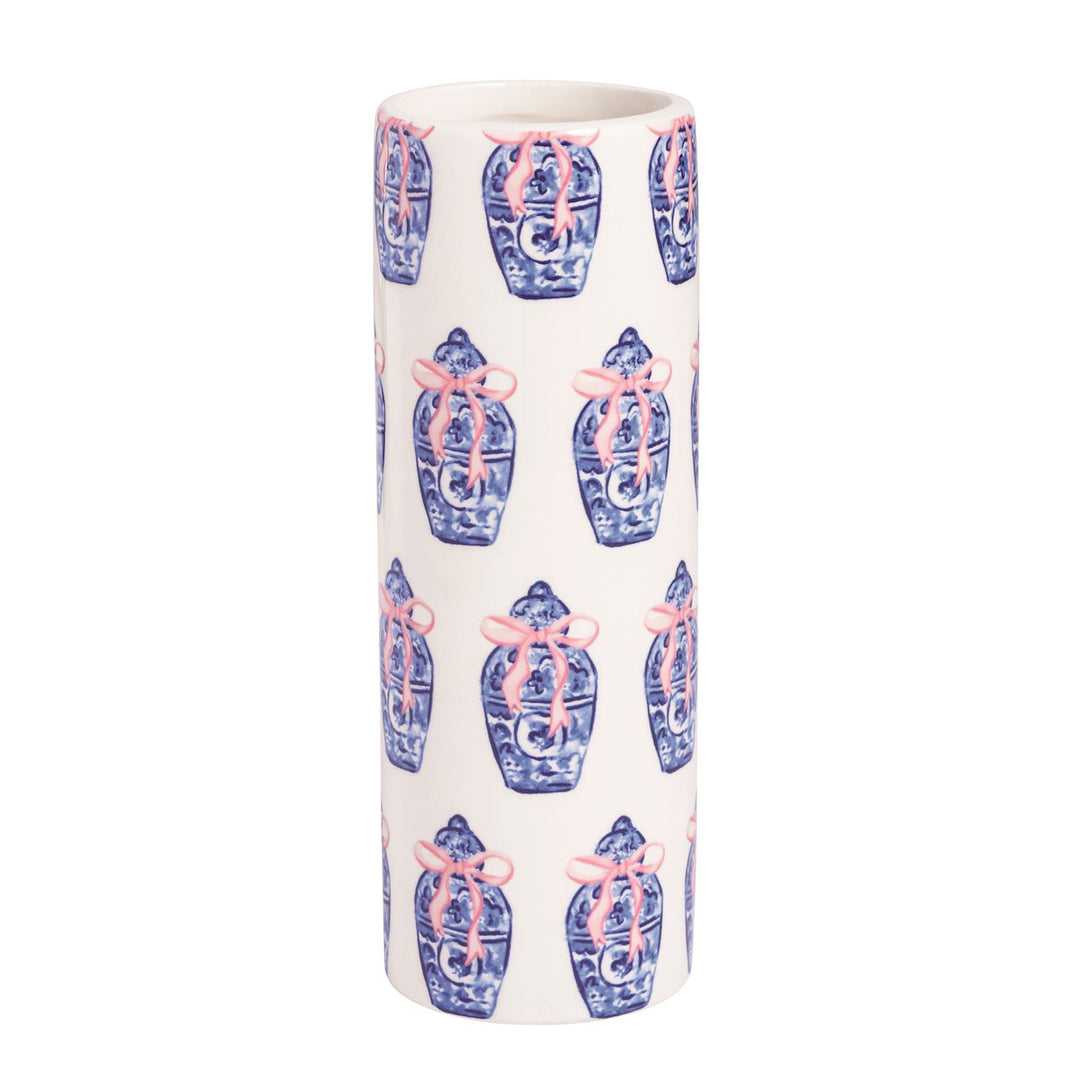 Tall cylindrical glazed ceramic vase with blue and white jar pattern, pink ribbons. Available in multiple sizes.