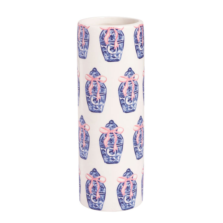 Tall cylindrical glazed ceramic vase with blue and white jar pattern, pink ribbons. Available in multiple sizes.