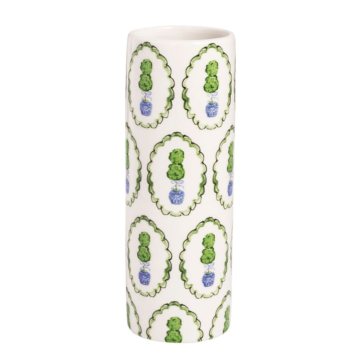 Tall, glazed ceramic vases with green topiary tree pattern in blue pots; scalloped green edge; available in multiple sizes.