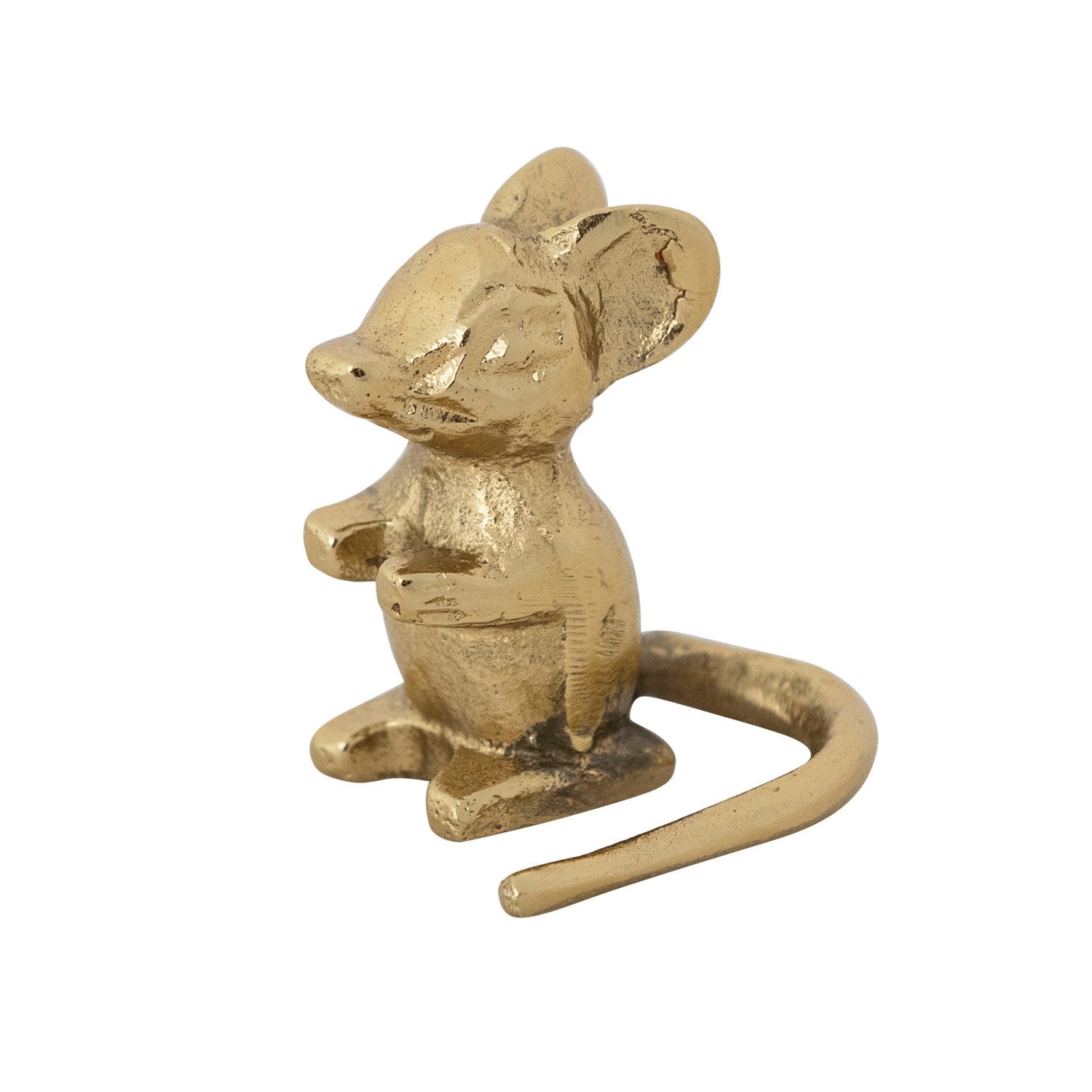 Cast Aluminum Mouse in Antiqued Gold; small size, upright, large ears, rounded body, curled tail. Available in one size.
