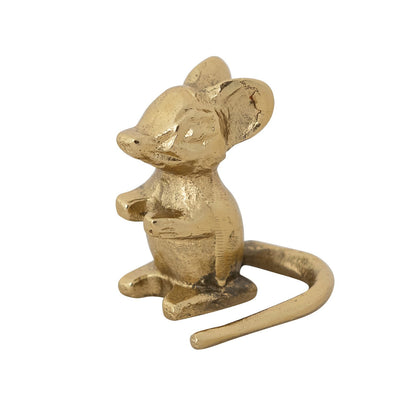 Cast Aluminum Mouse in Antiqued Gold; small size, upright, large ears, rounded body, curled tail. Available in one size.