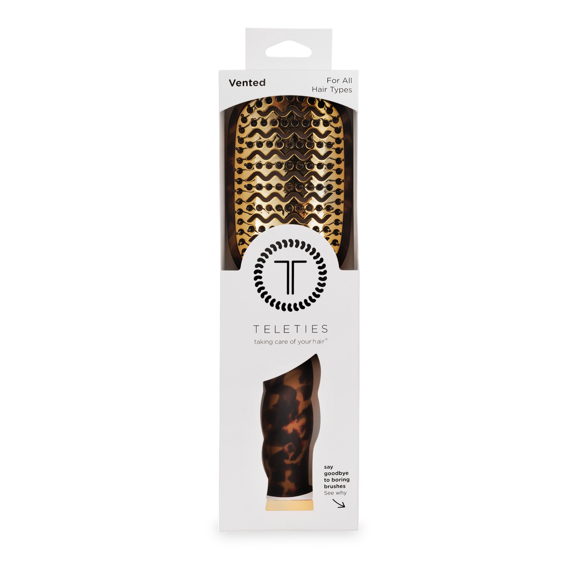The Vented Hair Brush | Tortoise has a tortoiseshell pattern, a quick-heat aluminum plate, and comes in white TELETIES packaging with the logo and product details. Available sizes: Regular and Large.