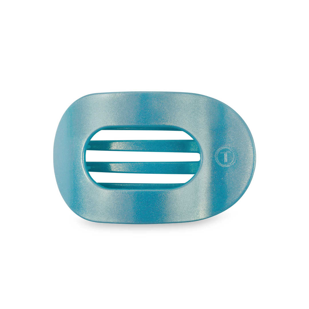 Blue oval TELETIES Flat Round Hair Clip, plastic, three center slats, small side symbol. Available in small and large sizes.