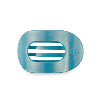 Blue oval TELETIES Flat Round Hair Clip, plastic, three center slats, small side symbol. Available in small and large sizes.