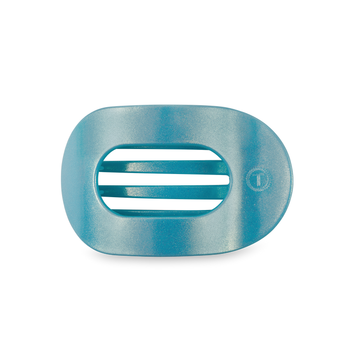 Blue oval TELETIES Flat Round Hair Clip, plastic, three center slats, small side symbol. Available in small and large sizes.