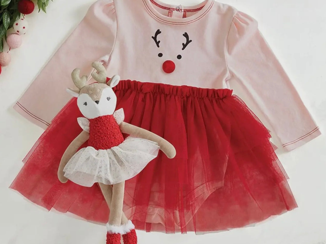 Light pink long-sleeved reindeer graphic tutu dress with red tulle skirt and matching reindeer doll, available in various sizes.