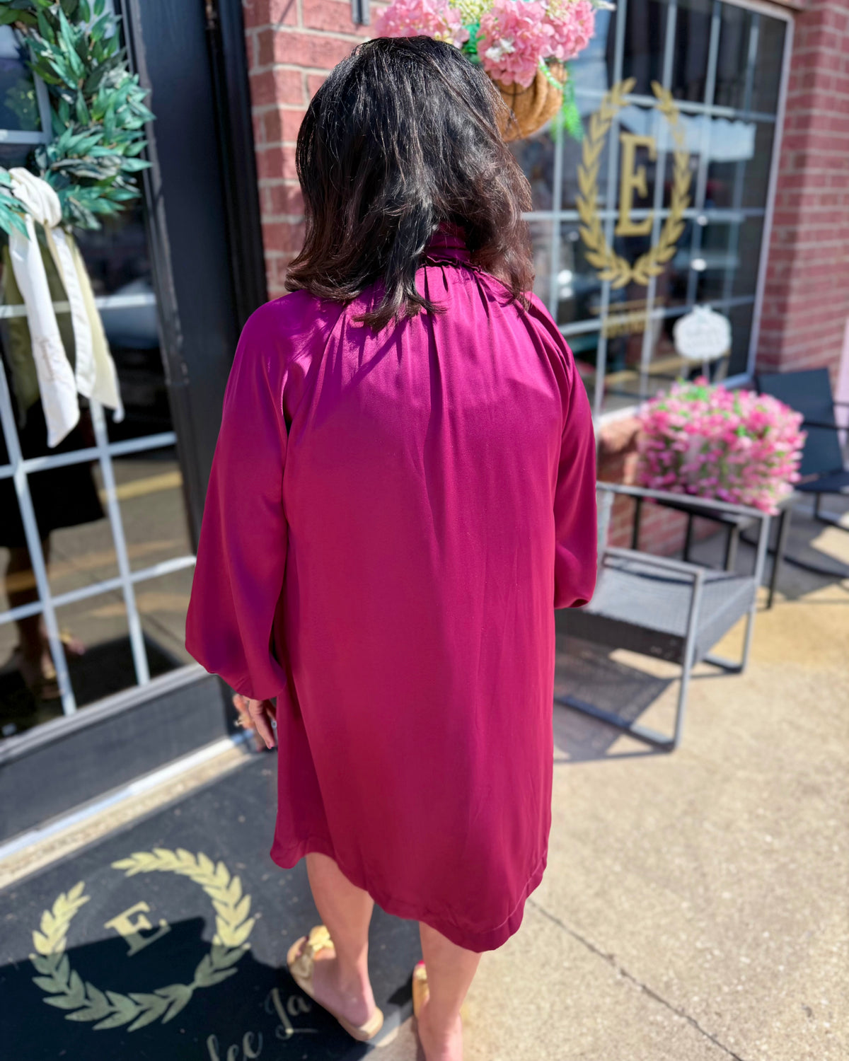 Plum Satin Tie Neck Dress with tie detail, available in sizes XS-XL.