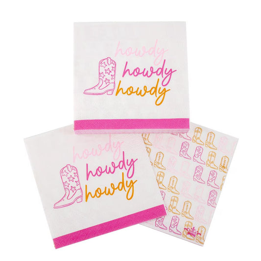 Set of three cocktail napkins: two with pink boots and "howdy howdy," one with repeating boot/howdy pattern. Size: 5"x5".