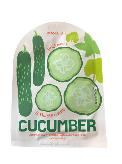 Maske Face Mask from Maske Lab labeled "Cucumber." Brightening & Moisturizing. White package with green cucumber illustrations and text. Made in Korea. Available sizes: single-use sheet mask.