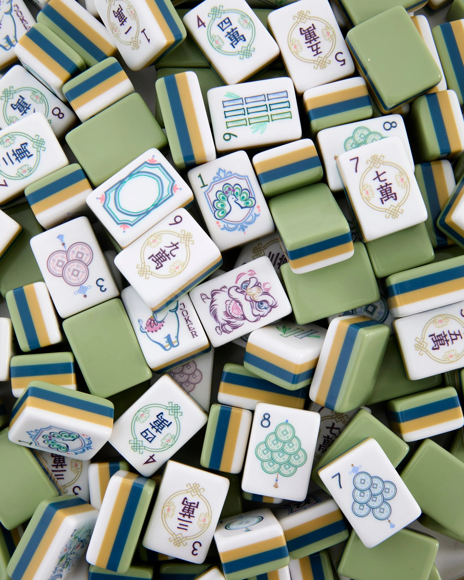 Willow Mahjong Tiles in green, white, and yellow featuring Chinese characters, numerals, and patterns; available in standard and large sizes.