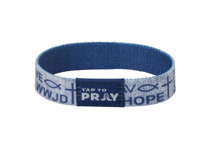 Blue elastic Tap To Pray™ Wristbands featuring Christian symbols, “WWJD,” and “HOPE.” Available in various sizes.