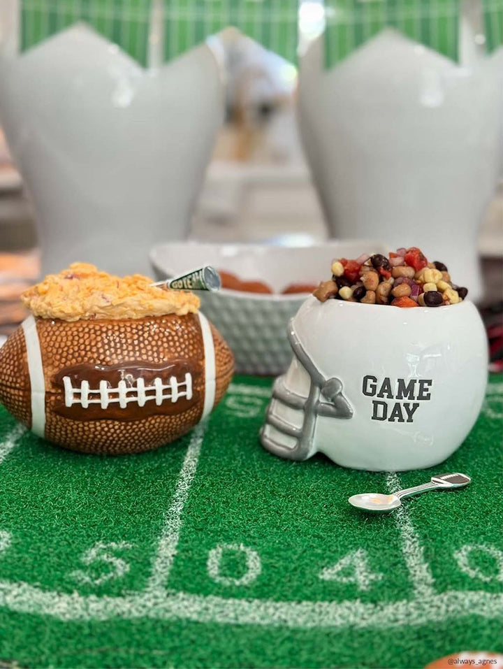 Game Day Dip Bowl, helmet-shaped and labeled “Game Day,” holds snack mix. Available in small and large sizes.