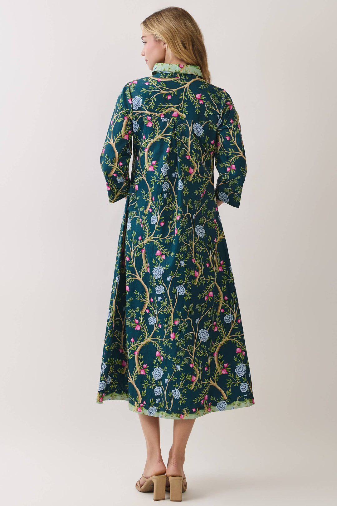 CD07354-Botanical Print Button Front Midi Dress in dark green, botanical print, long sleeves, A-line silhouette, ankle length. Available in sizes S.
