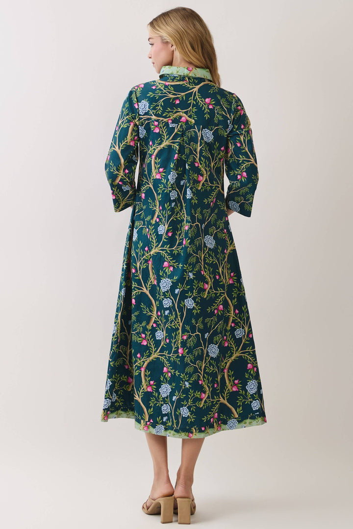 CD07354-Botanical Print Button Front Midi Dress in green, long sleeves, colorful botanical patterns. Available in sizes S, M, L, XL.