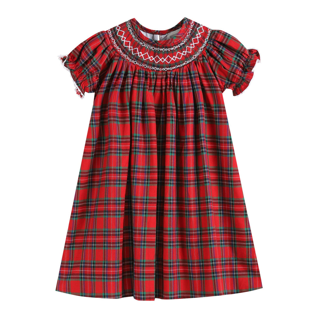 Red Christmas plaid smocked bishop dress in size 2T, with white and red embroidered smocked neckline and ruffled sleeves.