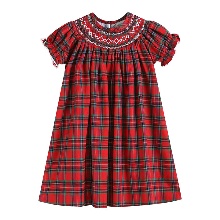 Red Christmas plaid smocked bishop dress in size 2T, with white and red embroidered smocked neckline and ruffled sleeves.