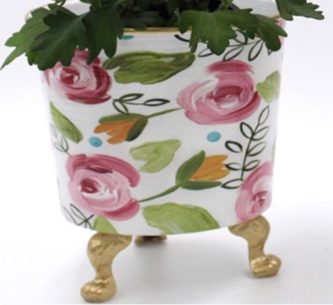 6.25-inch Floral Metal Cachepot with pink and orange flowers, gold legs. Available size: 6.25 inches.