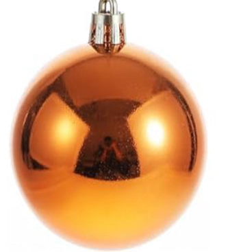 Shiny spherical orange ball ornament with a silver hanging cap.