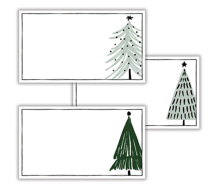 Three rectangular Holiday Place cards with hand-drawn green and sage Christmas tree illustrations and black-lined borders.