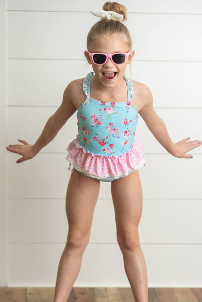 Kids Pink & Blue Ruffle Cross Back 2 Piece Swimsuit with SPF 50. Available in sizes 2T-8.