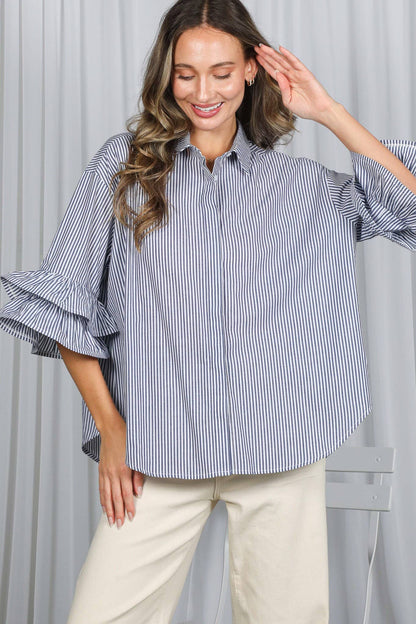Navy Striped Ruffle Sleeve Shirt