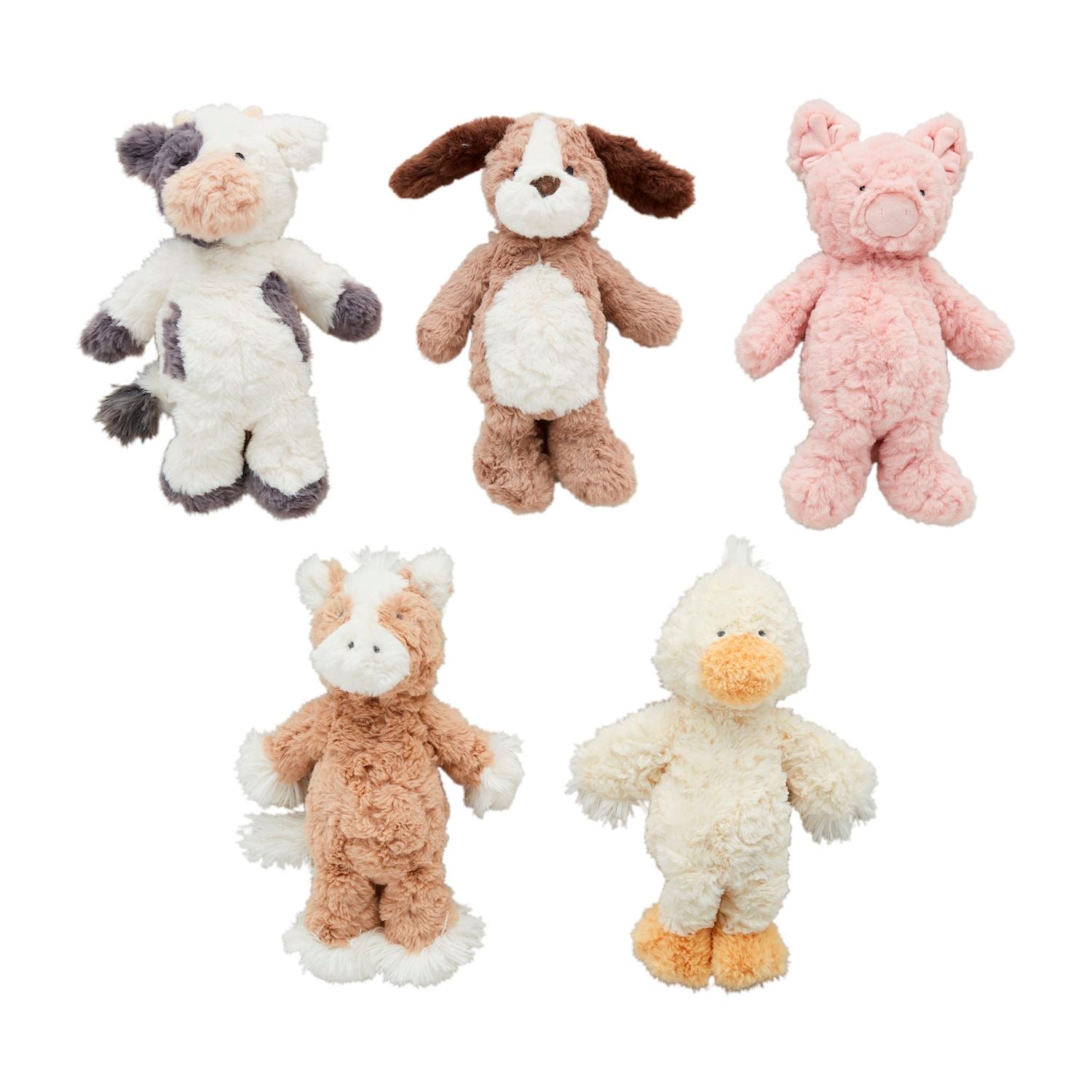 Farm Plush Animals set of five, faux fur cow, dog, pig, horse, and duck. Soft textures. Sizes: small and medium.