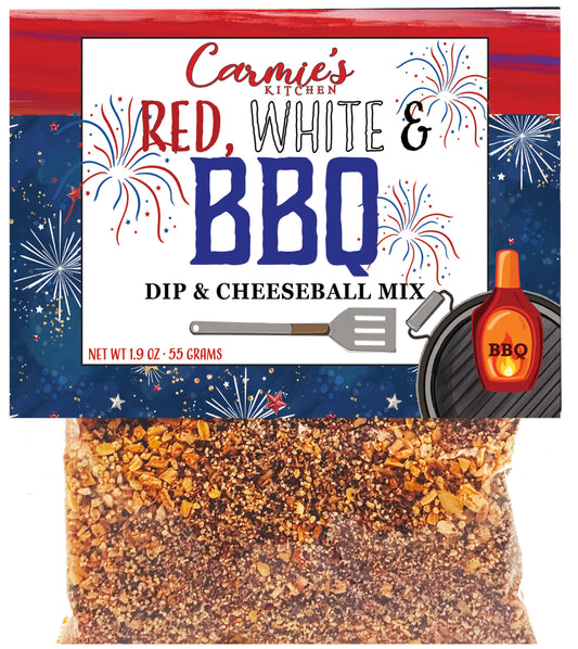 Red White & BBQ Dip Mix, 1.9 oz. Creamy dip with sweet heat flavor in festive patriotic packaging.