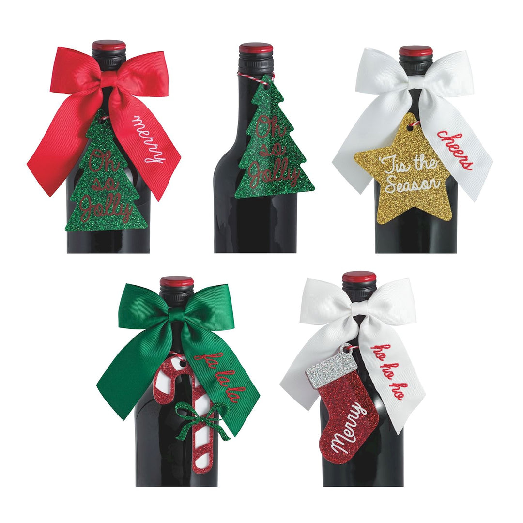 Five Bow Topper &amp; Gift Tag Set with Christmas tree, star, candy cane, and stocking tags.
