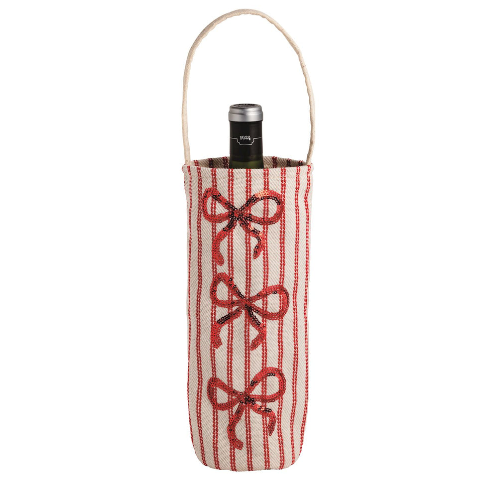 Cylindrical Holiday Sequin Wine Bag with red vertical stripes, three sequined red bows, and a rope handle.