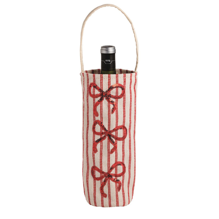 Cylindrical Holiday Sequin Wine Bag with red vertical stripes, three sequined red bows, and a rope handle.
