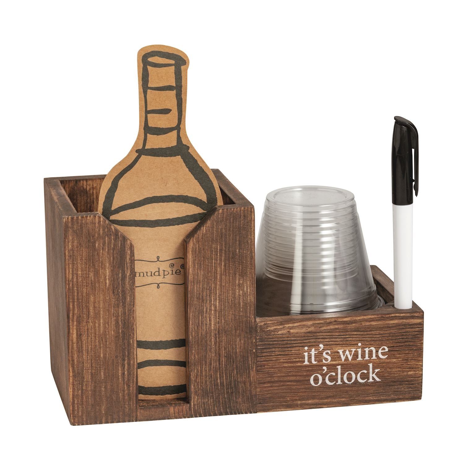 Pine wood caddy with wine bottle cutout, cup slots, pen holder, and "It's wine o'clock" text. Available in one size.