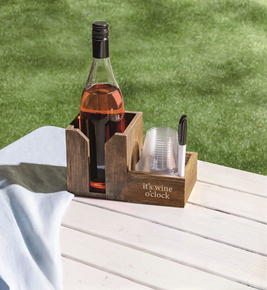 Wine Bottle Caddy & Disposable Cup Holder Set with "It's wine o'clock" text. Available in small, medium, and large sizes.