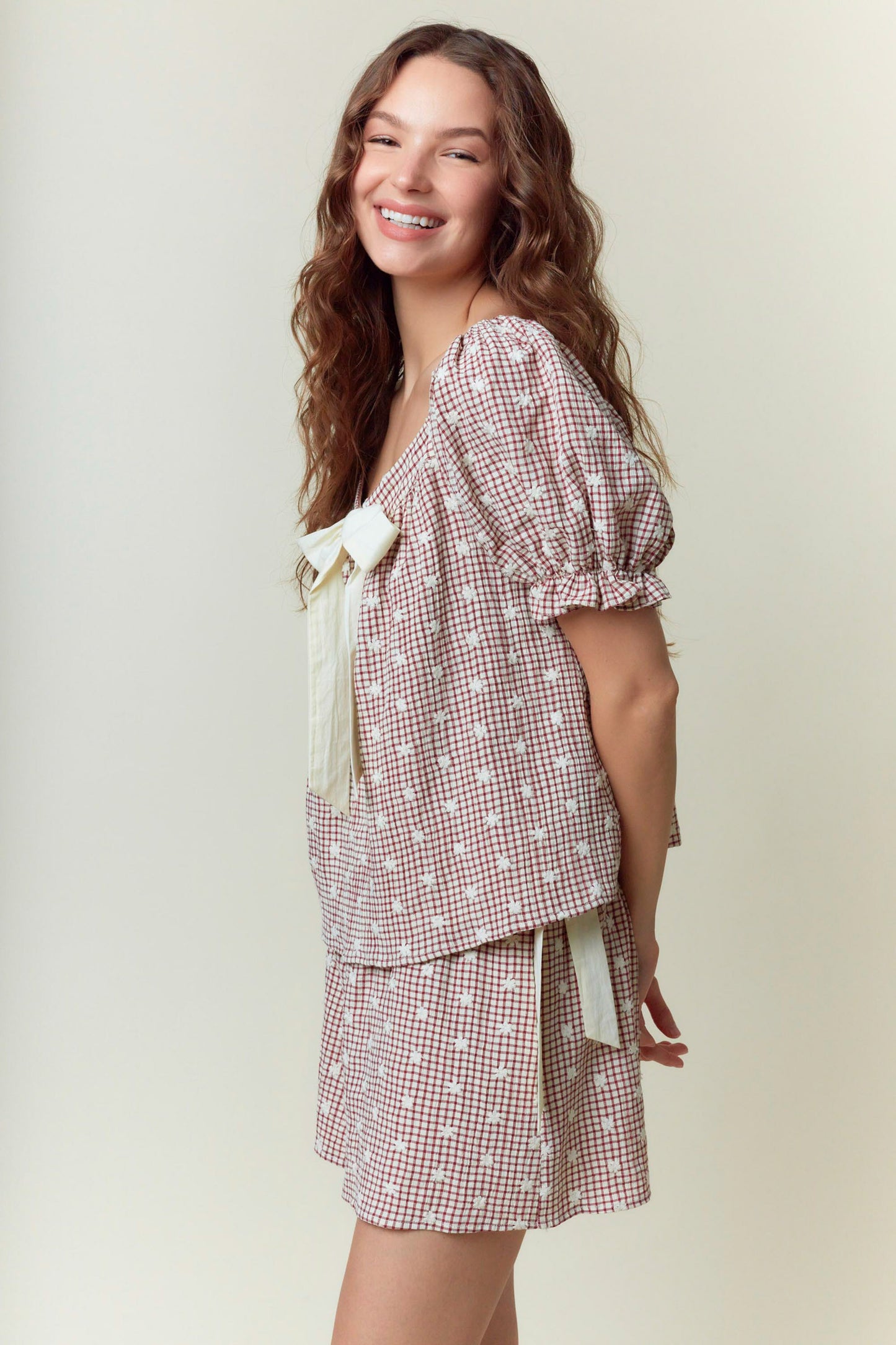 Red and white checked Gingham Embroidered Short Set with puff sleeves and large cream bow. Available in sizes XS-XL.