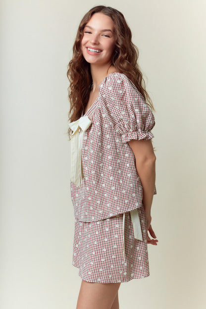 Red and white checked Gingham Embroidered Short Set with puff sleeves and large cream bow. Available in sizes XS-XL.