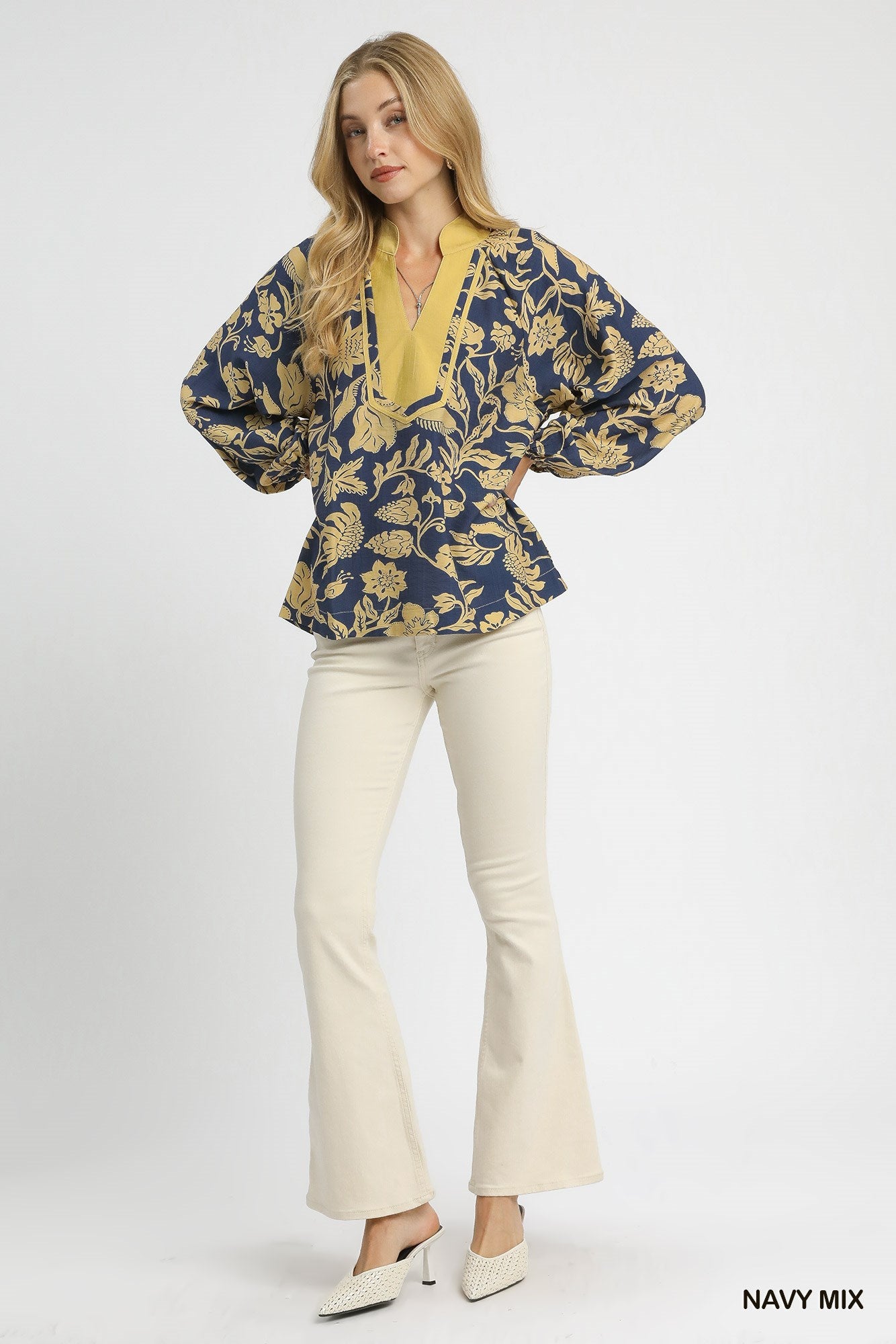Navy Mix Two Tone Floral Print Top