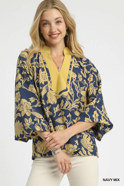 Navy Mix Two Tone Floral Print Top
