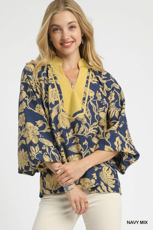 Navy Mix Two Tone Floral Print Top
