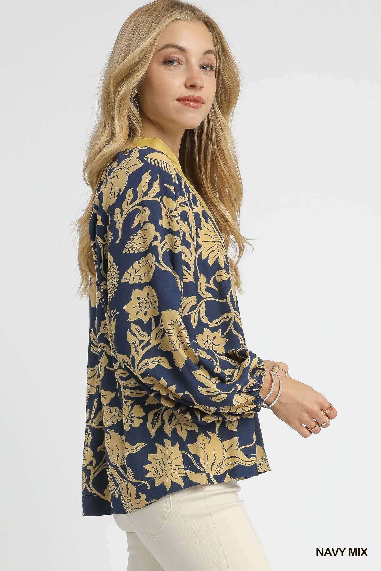Navy Mix Two Tone Floral Print Top